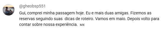 Comentário real: Reservas feitas com o roteiro